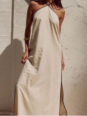 Cream Halter Maxi Dress with Black Trim